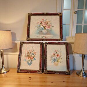 Vintage Floral Oil Paintings Set Of 3 With Ornate Frames